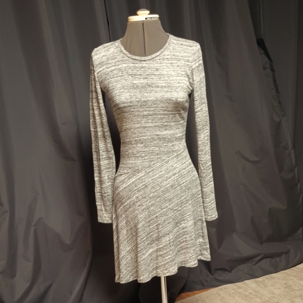 Alternative Black And White Heather LS Fit + Flare Dress With Asymmetrical hem